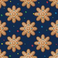 Seamless Pattern with Gingerbread Snowflakes on Blue. Christmas Cookie. vector