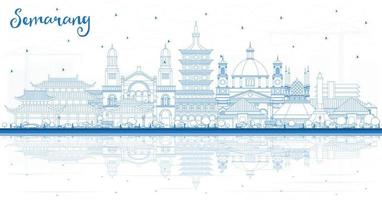 Outline Semarang Indonesia City Skyline with Blue Buildings and Reflections. vector