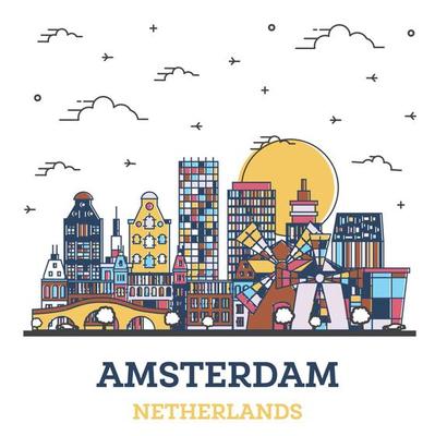 Outline Amsterdam Netherlands City Skyline with Colored Historic Buildings Isolated on White.
