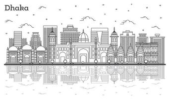 Outline Dhaka Bangladesh City Skyline with Historic Buildings and Reflections Isolated on White. vector