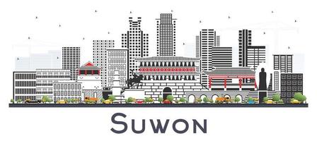 Suwon South Korea City Skyline with Color Buildings Isolated on White. vector