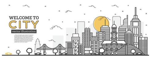 Outline City Skyline Panorama. Vector Illustration. Urban Landscape with Cars, Office Buildings and Trees.