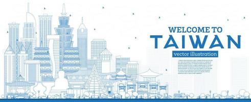 Outline Welcome to Taiwan City Skyline with Blue Buildings. vector