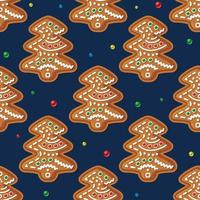 Seamless Pattern with Gingerbread Tree on Blue. Christmas Cookie. vector