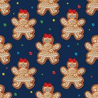 Seamless Pattern with Gingerbread Woman on Blue. Christmas Cookie. vector