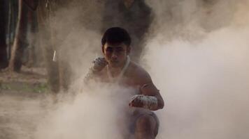 Handheld shot, Young male with both of his hands wrapped in twisted hemp rope, pose to showing art of Muay Thai, Blurred elephants and spreading white mist in background video