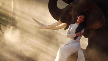 Handheld shot, Young attractive asian woman in traditional costume Tenderness with elephant, Sit and close your eyes leaning against a gentle elephant with White smoke spread on background video