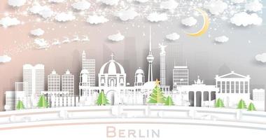 Berlin Germany City Skyline in Paper Cut Style with Snowflakes, Moon and Neon Garland. vector