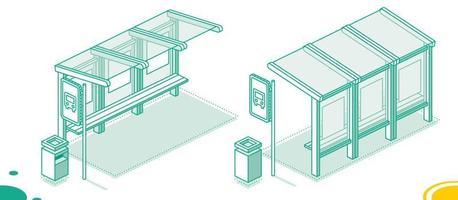 parada de autobús isométrica. concepto de esquema aislado en blanco. vista frontal y posterior. vector