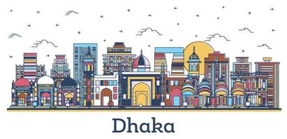 Outline Dhaka Bangladesh City Skyline with Colored Historic Buildings Isolated on White. vector