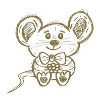 Cute Hand Drawn Mouse with Bow and Berry Isolated on White. vector