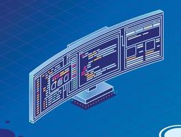 Isometric Curved Gaming Monitor with Open Web Pages and Folders. PC Computer Monoblock. vector