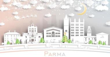 horizonte de la ciudad de parma italia en estilo de corte de papel con copos de nieve, luna y guirnalda de neón. vector