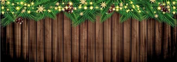 Fir Branches with Neon Lights on Wooden Background. Christmas Decoration with Golden Stars. vector