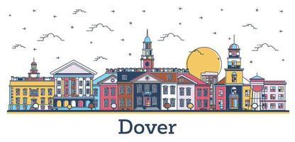 esbozar el horizonte de la ciudad de dover delaware con edificios históricos de colores aislados en blanco. vector