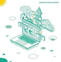 Frontend Development. Isometric Concept with Laptop Isolated on White. vector