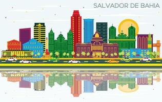 Salvador de Bahia Brazil City Skyline with Color Buildings, Blue Sky and Reflections. vector