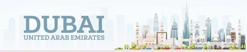 el horizonte de la ciudad de dubai, emiratos árabes unidos, uae, con edificios de colores, cielo azul y espacio para copiar. vector