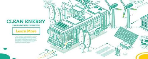 Electric Bus with Charging Station. Isometric Outline Concept. Solar Panels and Wind Turbines on a Background. vector