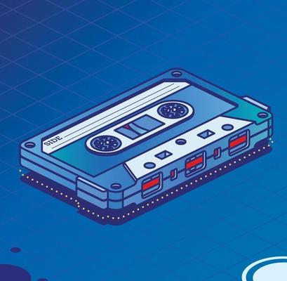 Retro Audio Cassette Tape. Isometric Outline Music Concept. Retro Device from 80s and 90s.