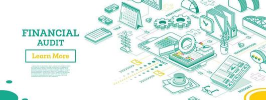 Financial Audit. Isometric Business Concept. Account Tax Report. Open Folder with Documents. vector