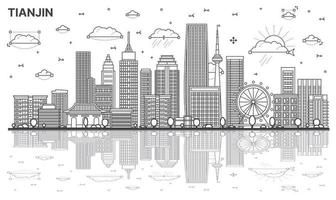 Outline Tianjin China City Skyline with Modern Buildings and Reflections Isolated on White. vector