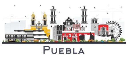 Puebla Mexico City Skyline with Color Buildings Isolated on White. vector