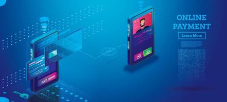 Online Payment with Mobile Phone Isometric Concept. Online shopping. vector