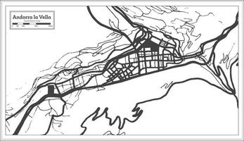 mapa de la ciudad de andorra la vella en color blanco y negro en estilo retro aislado en blanco. vector