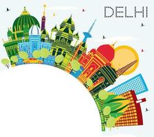 Delhi India City Skyline with Color Buildings, Blue Sky and Copy Space. vector