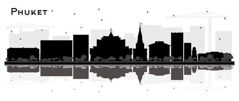 Phuket Thailand City Skyline Silhouette with Black Buildings and Reflections Isolated on White. vector