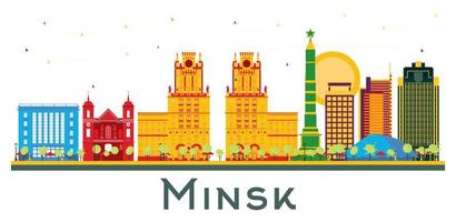 Minsk Belarus City Skyline with Color Buildings Isolated on White. vector