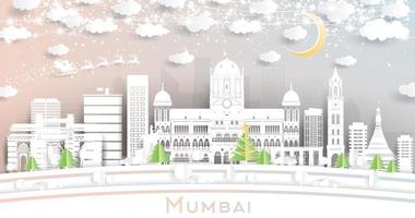 horizonte de la ciudad de mumbai india en estilo de corte de papel con copos de nieve, luna y guirnalda de neón. vector