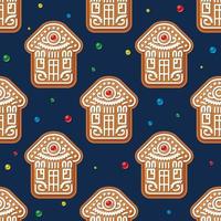 Seamless Pattern with Christmas Gingerbread House on Blue. Vector Illustration.