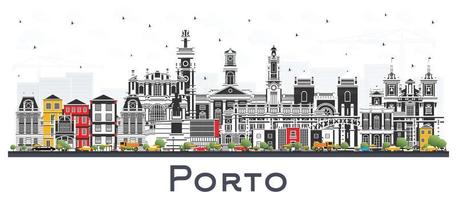 horizonte de la ciudad de porto portugal con edificios de color aislados en blanco. vector