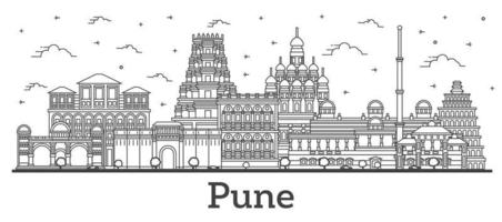 delinear el horizonte de la ciudad de pune india con edificios históricos aislados en blanco. vector