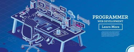 programador. El desarrollador frontend o backend se sienta en una silla con ruedas frente a dos monitores con código. vector