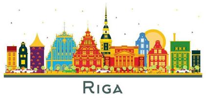 Riga Latvia City Skyline with Color Buildings Isolated on White. vector