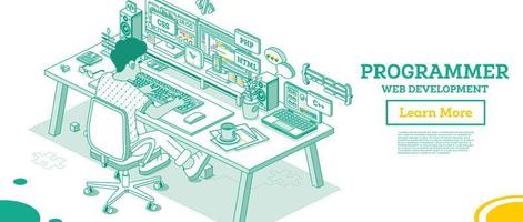 Programmer. Frontend or Backend Developer Sit on Chair with Wheels in Front of Two Monitors with Code. vector