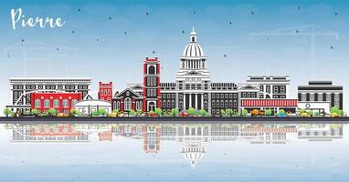 Pierre South Dakota City Skyline with Color Buildings, Blue Sky and Reflections. vector