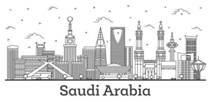 delinear el horizonte de la ciudad de arabia saudita con edificios históricos y modernos aislados en blanco. vector