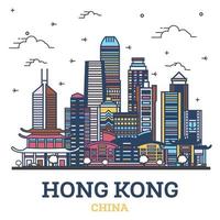 Outline Hong Kong China City Skyline with Modern Colored Buildings Isolated on White. vector