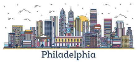 Outline Philadelphia Pennsylvania City Skyline with Modern Colored Buildings Isolated on White. vector