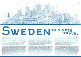 Welcome to Sweden. Outline City Skyline with Blue Buildings and Copy Space. vector