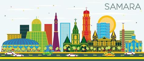 Samara Russia City Skyline with Color Buildings and Blue Sky. vector