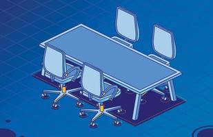 Four Isometric Office Chairs on Wheels and Modern Table with Four Legs. vector