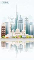 el horizonte de la ciudad de dubai, emiratos árabes unidos, uae, con edificios de colores, cielo azul y reflejos. vector
