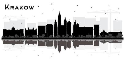 Silueta del horizonte de la ciudad de Cracovia, Polonia, con edificios negros y reflejos aislados en blanco. vector