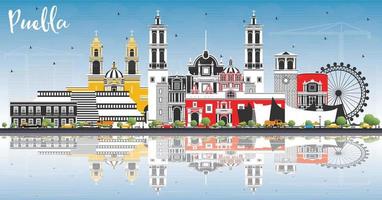 Puebla Mexico City Skyline with Color Buildings, Blue Sky and Reflections. vector