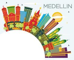 Medellin Colombia City Skyline with Color Buildings, Blue Sky and Copy Space. vector